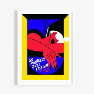 Affiche colorée représentant une figure abstraite rouge au repos, avec des formes audacieuses bleues, jaunes et noires. Le texte indique "55 Montreux Jazz Festival July 2-17 2021." Un cercle blanc et des cordes de guitare sont en arrière-plan.
