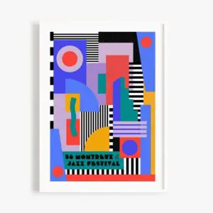 Affiche abstraite colorée avec des formes géométriques, des motifs audacieux, des rayures et des cercles contrastés. Le texte en bas indique 56 Montreux Jazz Festival en vert sur fond noir. Encadré en blanc.