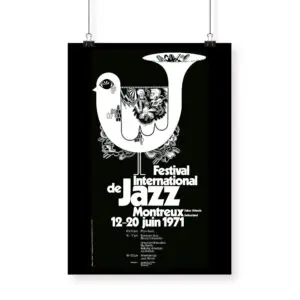 Affiche Bruno Gaeng, 1971 : Affiche en noir et blanc pour le Montreux Jazz Festival de 1971, représentant un oiseau stylisé avec des instruments, les détails de l'événement (12-20 juin 1971, Montreux, Suisse), et la programmation du festival.