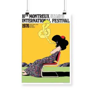 Affiche Milton Glaser, 1976 : Une femme en robe à fleurs et chapeau noir, assise sur une chaise rouge, exhale de la fumée jaune sur un fond jaune vif. Créé pour le 10e Festival international de Montreux.
