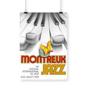 Affiche Marco Antonio Batan, 1979, avec le texte rouge et jaune du Montreux Jazz, de grandes touches de piano et un papillon jaune pour le 13e Festival de Jazz qui s'est tenu du 6 au 22 juillet 1979.