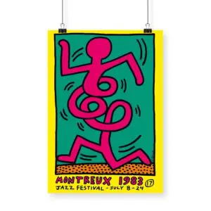 Affiche Keith Haring, 1983 - Jaune : Une affiche vibrante pour le Festival de Jazz de Montreux 1983 présente une figure abstraite rose avec des lignes tourbillonnantes sur fond vert, une bordure jaune et un texte : "Montreux 1983 Jazz Festival - 8-24 juillet.