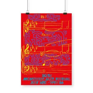 Une affiche vibrante intitulée "Affiche Keith Haring et Andy Warhol, 1986" présente des notes de musique abstraites jaunes et bleues et des figures sur fond rouge, promouvant le 20e Festival de jazz de Montreux, du 3 au 19 juillet 1986, dans le style fougueux de Haring et Warhol.