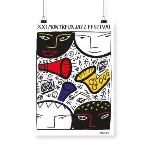 L'Affiche François Boisrond, 1987, créée pour le XXIe Festival de jazz de Montreux, présente des visages abstraits, des notes de musique et des instruments tels qu'une trompette et un saxophone dans des tons vifs de noir, de rouge, de jaune, de bleu et de blanc.