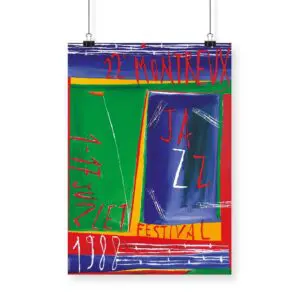Affiche Nicola de Maria, 1988 : Affiche abstraite et colorée pour le 22e Festival de jazz de Montreux, avec un texte manuscrit en rouge, blanc et jaune sur des formes géométriques vertes, bleues et rouges.