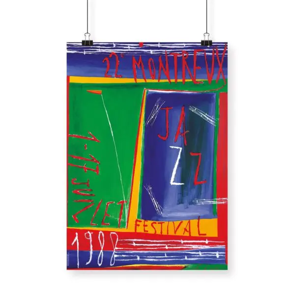 Affiche Nicola de Maria, 1988 : Affiche abstraite et colorée pour le 22e Festival de jazz de Montreux, avec un texte manuscrit en rouge, blanc et jaune sur des formes géométriques vertes, bleues et rouges.