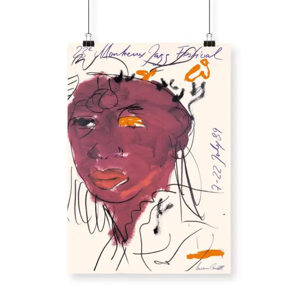 Affiche Luciano Castelli, 1989 : portrait abstrait et audacieux en rouge et orange pour le 23e Festival de jazz de Montreux, avec des détails manuscrits sur l'événement, "7-22 juillet 89", et la signature de l'artiste au bas de l'affiche.
