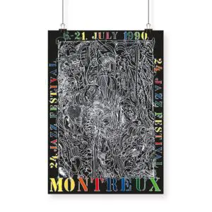 Affiche Bernhard Luginbühl, 1990 : Affiche pour le 24ème Festival de Jazz de Montreux, avec des lignes blanches complexes sur fond noir, un texte coloré en bordure, et les détails de l'événement - 6-21 juillet 1990.