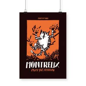 Affiche Tomi Ungerer, 1993 : Un chat abstrait en noir et blanc bondit sur une toile de fond orange pour le Montreux Jazz Festival, avec un texte stylisé en gras et les dates du festival en haut.
