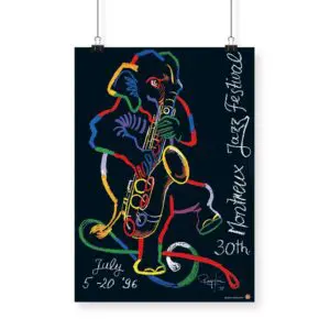 L'Affiche Rolf Knie, 1996, représente un éléphant coloré et abstrait jouant du saxophone pour le 30e Festival de jazz de Montreux, qui s'est tenu du 5 au 20 juillet 1996, avec un texte blanc en gras sur fond sombre.