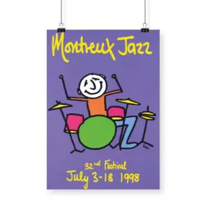 Affiche Phil Collins, 1998, pour le 32e Festival de jazz de Montreux (3-18 juillet), présente un batteur coloré de style bande dessinée sur un fond violet, avec un texte en gras jaune et bleu.