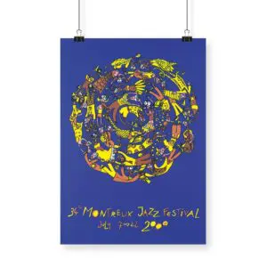 Affiche Albin Christen, 2000, pour le 34e Festival de jazz, montre une spirale jaune et violette avec des instruments et des visages sur fond bleu. Les dates de l'événement, du 7 au 22 juillet 2000, apparaissent en bas.