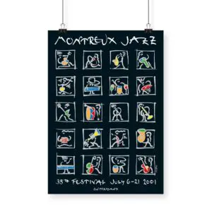 Affiche Matthias Winkler, 2001 : Cette affiche du Montreux Jazz Festival présente des dessins abstraits et colorés de musiciens et d'instruments disposés dans une grille. Les dates de l'événement et la Suisse sont indiquées au bas de l'affiche.