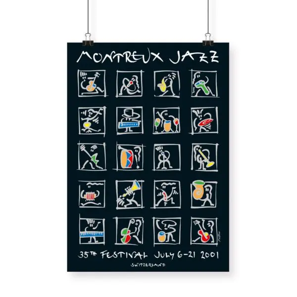 Affiche Matthias Winkler, 2001 : Cette affiche du Montreux Jazz Festival présente des dessins abstraits et colorés de musiciens et d'instruments disposés dans une grille. Les dates de l'événement et la Suisse sont indiquées au bas de l'affiche.