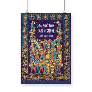 Une affiche vibrante de Richard James North pour le 36e Festival de Jazz de Montreux, du 5 au 20 juillet 2002, avec des illustrations colorées de musiciens dans des bordures décoratives audacieuses.