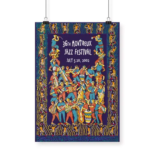 Une affiche vibrante de Richard James North pour le 36e Festival de Jazz de Montreux, du 5 au 20 juillet 2002, avec des illustrations colorées de musiciens dans des bordures décoratives audacieuses.
