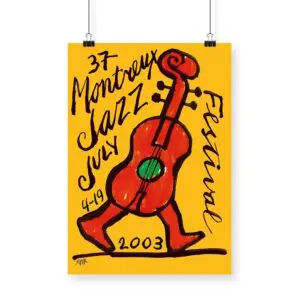 L'Affiche Ted Scapa, 2003 est une affiche jaune vibrante pour le 37e Festival de Jazz de Montreux, avec une guitare rouge, le texte du festival "Montreux Jazz 4-19 juillet" et "2003" écrit à la main en noir.