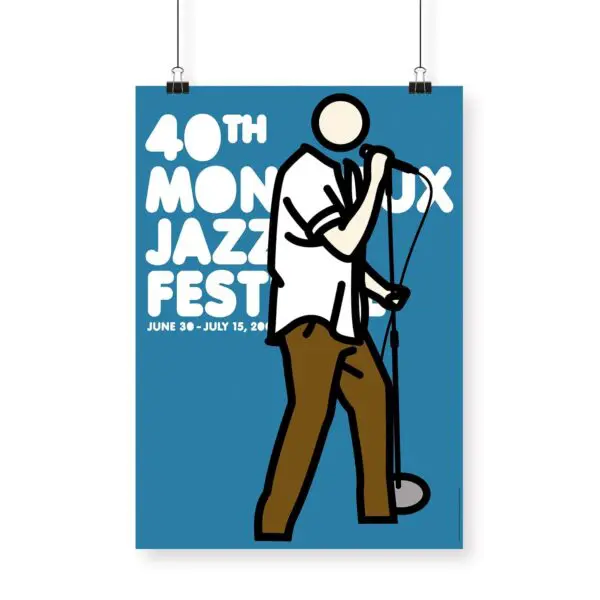 Affiche Julian Opie, 2006 - Bleu : L'affiche du 40e Festival de Jazz de Montreux montre un chanteur stylisé avec un micro sur un fond bleu, avec les dates du 30 juin au 15 juillet 2006.