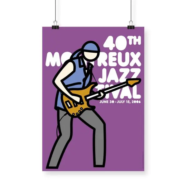 Illustration minimaliste inspirée par Affiche Julian Opie, 2006 - Purple, montre une personne jouant de la guitare électrique sur une affiche violette du Festival de Jazz de Montreux (30 juin-15 juillet 2006) avec un texte blanc en gras en arrière-plan.