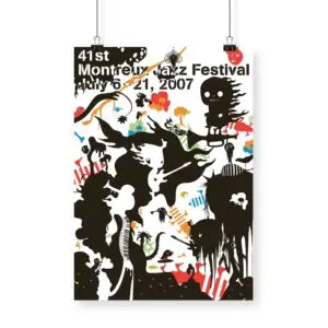 Affiche Katrín Ólina, 2007 : Créée pour le 41e Festival de jazz de Montreux (6-21 juillet), cette affiche présente des formes abstraites noires audacieuses, des formes de dessins animés fantaisistes, des accents colorés et des personnages surréalistes ludiques sur un fond blanc.
