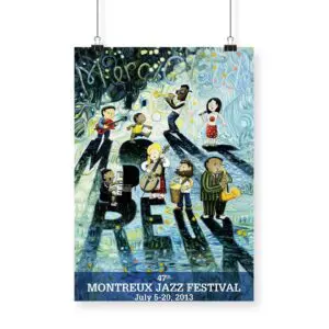 Affiche Oscar Oiwa, 2013, créée pour le 47e Festival de Jazz de Montreux (5-20 juillet 2013), présente des musiciens en dessin animé sur un fond abstrait vif avec "Montreux" affiché en gras.
