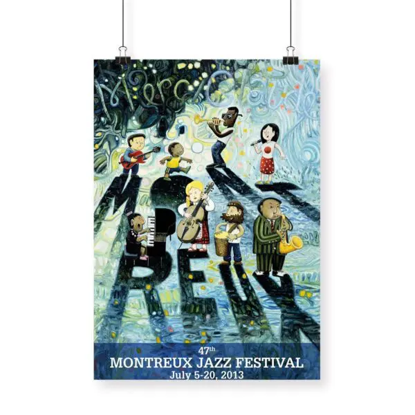 Affiche Oscar Oiwa, 2013, créée pour le 47e Festival de Jazz de Montreux (5-20 juillet 2013), présente des musiciens en dessin animé sur un fond abstrait vif avec "Montreux" affiché en gras.