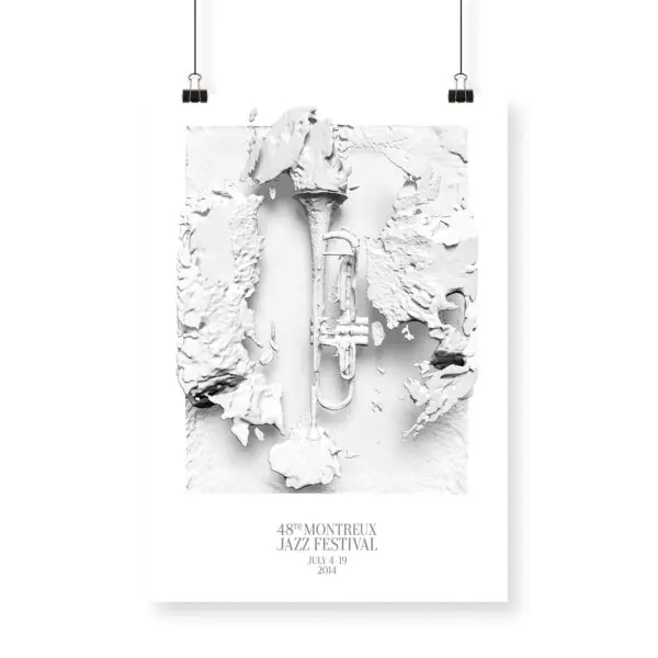 The Poster Yoann Lemoine (Woodkid), 2014, for the Montreux Jazz Festival features a white textured design with a central trumpet veiled by abstract plaster-like forms and "48th Montreux Jazz Festival, July 4–19, 2014" text below, hung by black clips.