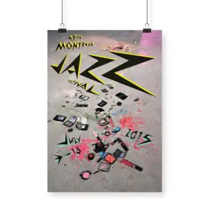 Poster Sylvie Fleury, 2015, features shattered makeup palettes on concrete and bold, jagged yellow and black text: "49th Montreux Jazz Festival July 3-18 2015.
