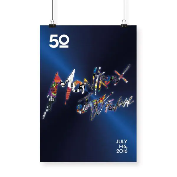 Affiche Giovanni Riva, 2016 : Affiche pour le 50ème Montreux Jazz Festival, du 1er au 16 juillet, présentant "Montreux Jazz Festival" dans une police de caractères collage animée sur un fond bleu profond.