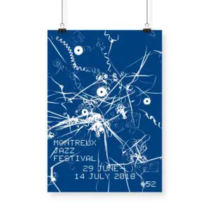 Affiche Christian Marclay, 2018 : Affiche pour le Montreux Jazz Festival avec une cassette blanche enchevêtrée sur fond bleu. Texte : Montreux Jazz Festival, 29 juin - 14 juillet 2018, #52.