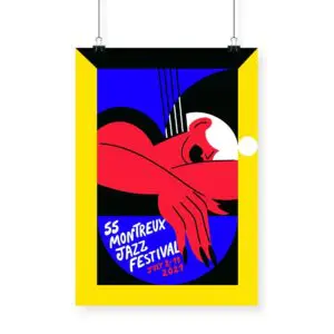 Affiche Marylou Faure, 2021 : Une affiche audacieuse et colorée pour le 55ème Festival de Jazz de Montreux, avec une figure abstraite aux bras rouges sur une guitare, un fond bleu et noir, un cadre jaune, et des détails de l'événement en blanc.