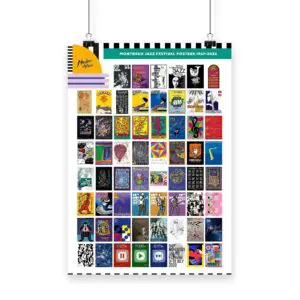 Affiche 1967-2022 : une affiche vibrante présentant une grille d'affiches du Festival de Jazz de Montreux de 1967 à 2022, chacune avec un style artistique unique, disposées en rangées sous un titre en gras.