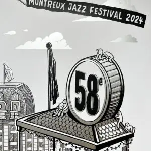 Illustration en noir et blanc d'une foule sur un toit célébrant le 58e Montreux Jazz Festival 2024, avec une grande enseigne en forme de tambour et une bannière dans le ciel affichant le nom du festival. Des personnages ludiques sont disséminés dans l'ensemble de l'image.