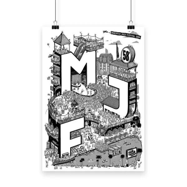 L'Affiche Rylsee, 2024 est une affiche du Montreux Jazz Festival illustrée en noir et blanc avec de grandes lettres M, J et F entourées de foules, de musiciens, de bâtiments et de scènes de festival animées.