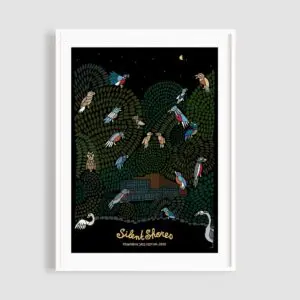 L'affiche illustrée "Silent Shores" d'Albin Christen représente des oiseaux sur des branches vertes sous un ciel étoilé, avec un lac et un héron blanc en contrebas. Le texte se lit comme suit : "Silent Shores, Moonriver Jazz Festival 2020, Montreux Jazz".