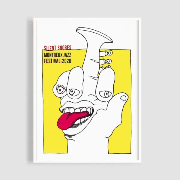 L'Affiche Silent Shores de Bruno Gaeng présente un personnage de bande dessinée enjoué, qui capture parfaitement l'esprit vivant du Silent Montreux Jazz festival.