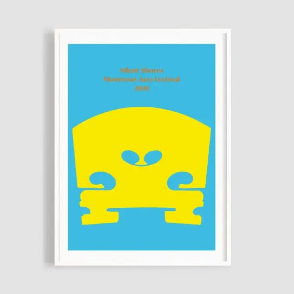 L'affiche minimaliste Silent Shores de John M Armleder présente une forme abstraite jaune audacieuse, évoquant le chevalet d'un instrument à cordes, sur fond bleu. La mention "Silent Montreux Jazz Festival 2020" apparaît en orange au-dessus. Cadre blanc inclus.