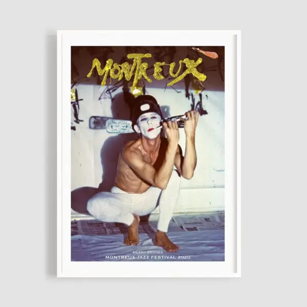 The Poster Silent Shores by Luciano Castelli shows a performer in white makeup and clothing, crouching and holding a bottle, with "Montreux" in bold yellow text above.