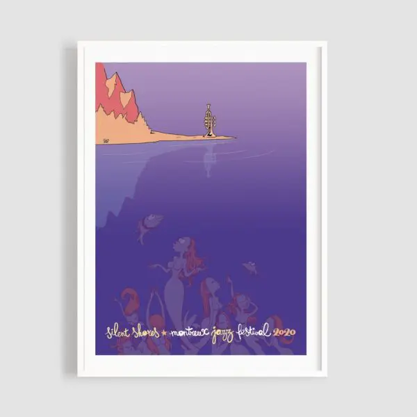 Affiche Silent Shores, Zep représente un arbre illustré en forme de saxophone sur un rivage avec des sirènes et des poissons sous l'eau, le tout sur un fond dégradé violet saisissant.