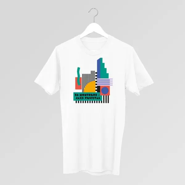 The T-Shirt Camille Walala, 2022 is displayed on a hanger with a colorful abstract geometric design and "50 Montreal Jazz Festival" text. The background is light gray with diagonal lines.