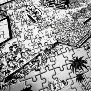 Un puzzle en noir et blanc représente une scène de foule avec des personnages de dessins animés ; certains se baignent, d'autres sont assis sur des bancs, et un groupe se rassemble près de maisons, avec des palmiers et de l'eau au premier plan.