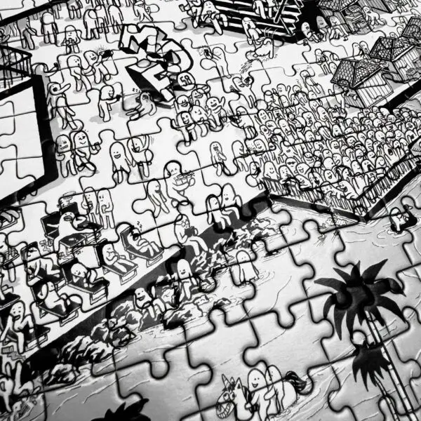 Un puzzle en noir et blanc représente une scène de foule avec des personnages de dessins animés ; certains se baignent, d'autres sont assis sur des bancs, et un groupe se rassemble près de maisons, avec des palmiers et de l'eau au premier plan.