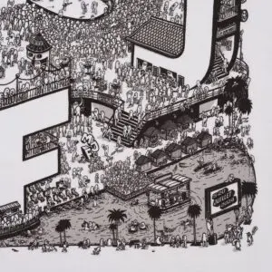 Une illustration détaillée en noir et blanc montre des centaines de personnes minuscules rassemblées autour de plages, de bâtiments et d'une grande structure incurvée, avec un panneau indiquant 23 ET 24 JUILLET 2022 et des palmiers au premier plan.