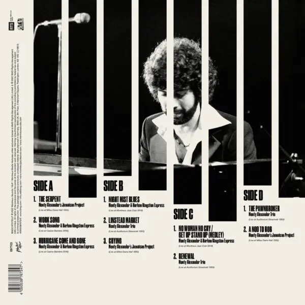 Une image en noir et blanc montre un homme aux cheveux bouclés et à la barbe, en costume, jouant du piano. L'image est superposée à la liste des titres de quatre faces de disques étiquetées A, B, C et D, énumérant les titres des chansons et les crédits.