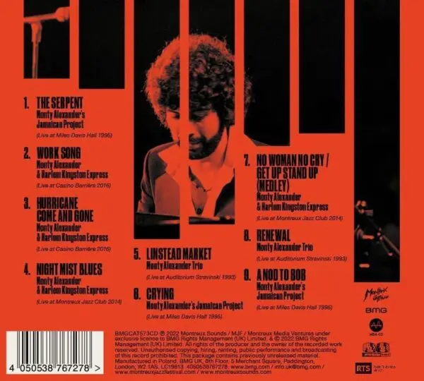 La quatrième de couverture d'un album CD montre un homme aux cheveux bouclés debout derrière un microphone. La liste des neuf chansons, avec leurs titres et les noms des artistes, est affichée sur un fond rouge-orange. Un code-barres se trouve en bas à gauche.