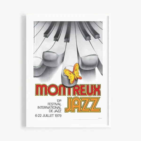 Affiche Marco Antonio Batan, 1979 : Affiche pour le Montreux Jazz Festival avec de grandes touches de piano, un papillon jaune et un texte en gras rouge/jaune. Les dates du festival et des détails en français apparaissent sous le dessin vibrant.