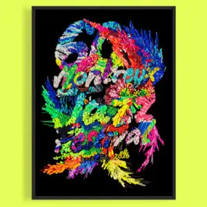 Une affiche vibrante et colorée présente des formes abstraites ressemblant à des plumes formant le texte 60e Montreux Jazz Festival 1-16 juillet 2026 sur un fond noir, encadré d'une bordure noire et affiché sur un mur jaune vif.